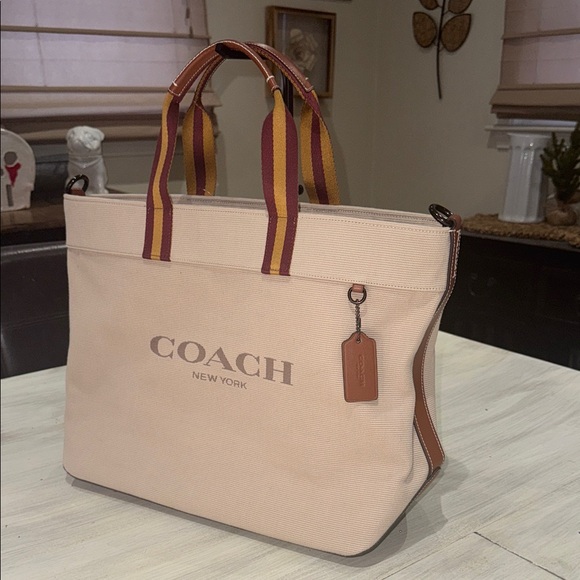 Coach Handbags - Coach Cream and Tan Canvas Tote Bag with Brown Accents